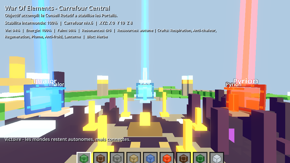 Capture du hub central de War Of Elements avec les portails elementaires